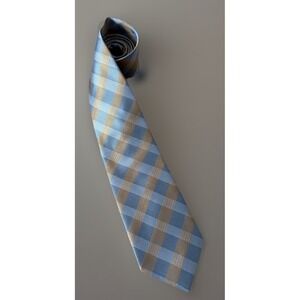 Firenze Neckwear Tie Silver Blue Gold Plaid AOP Pattern Italian 100% Silk JBHS